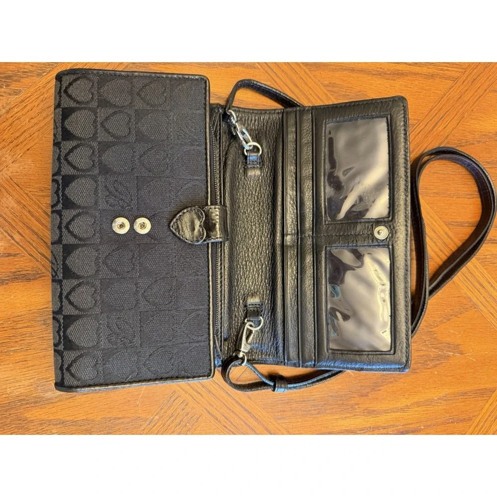 Ladies BRIGHTON Crossbody Organizer Clutch Wallet - Black Leather & Heart Fabric